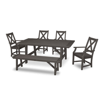 Polywood Braxton 6-Piece Rustic Farmhouse Arm Chair Dining Set with Bench in Vintage Finish PWS508-1-V