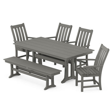 Polywood Vineyard 6-Piece Arm Chair Farmhouse Dining Set with Trestle Legs and Bench PWS740-1