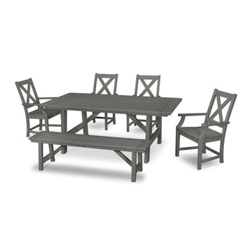 Polywood Braxton 6-Piece Rustic Farmhouse Arm Chair Dining Set with Bench PWS508-1