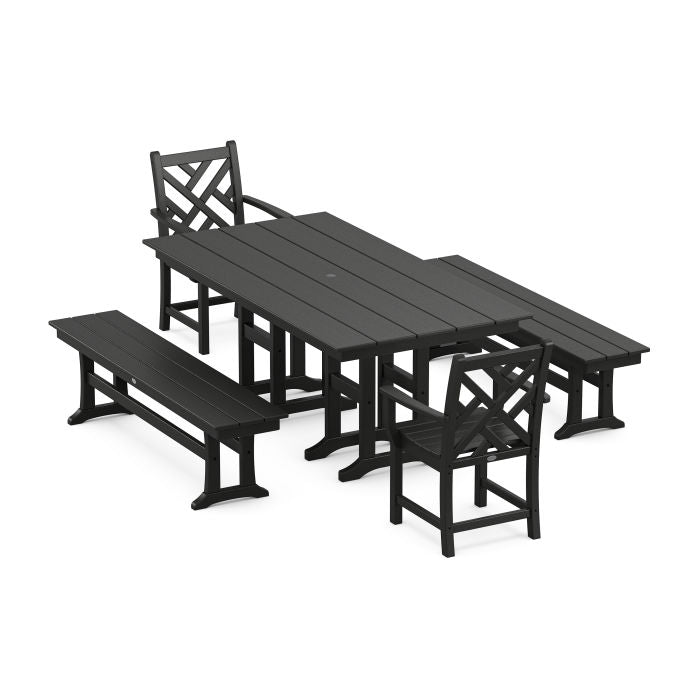 Polywood Chippendale 5-Piece Farmhouse Dining Set with Benches PWS1172-1