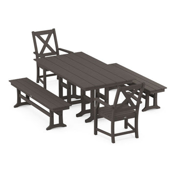 Polywood Braxton 5-Piece Farmhouse Dining Set with Benches in Vintage Finish PWS1168-1-V