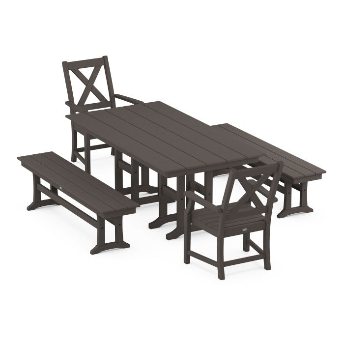 Polywood Braxton 5-Piece Farmhouse Dining Set with Benches in Vintage Finish PWS1168-1-V