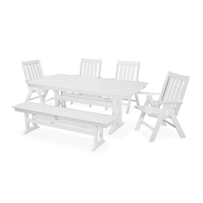 Polywood Vineyard 6-Piece Folding Chair Farmhouse Dining Set with Trestle Legs and Bench PWS422-1