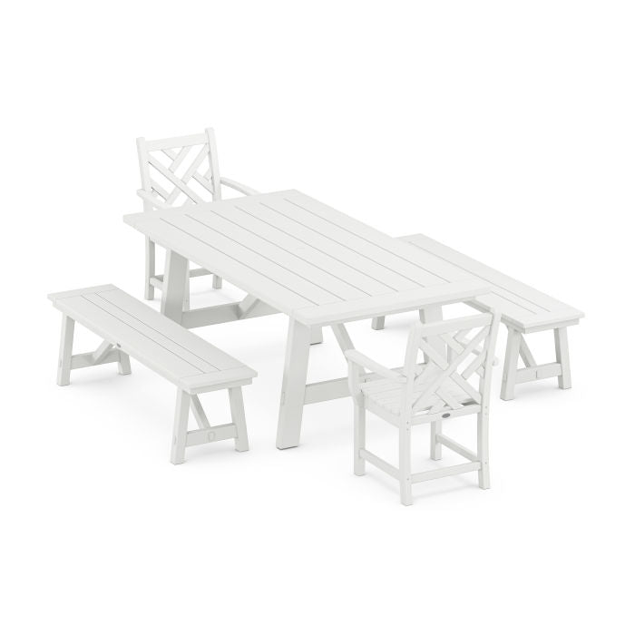 Polywood Chippendale 5-Piece Rustic Farmhouse Dining Set With Benches Set PWS1073-1