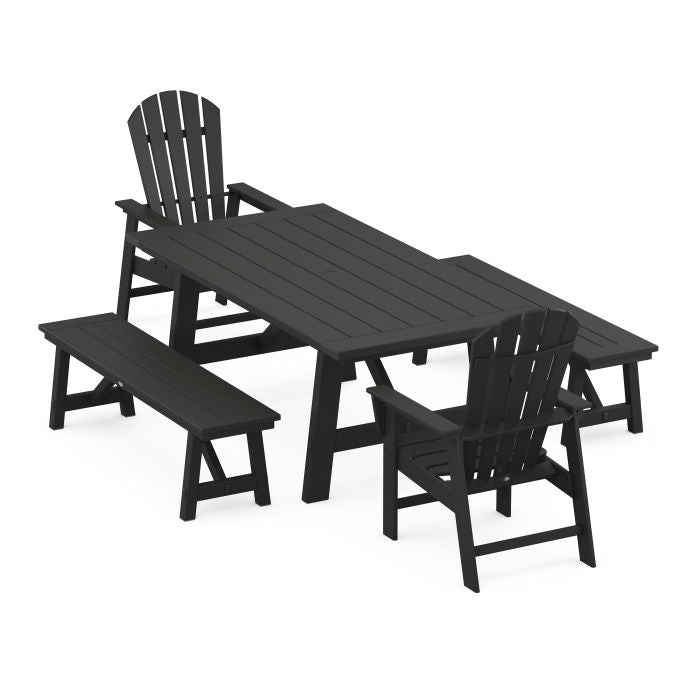 Polywood South Beach 5-Piece Rustic Farmhouse Dining Set With Benches PWS1101-1