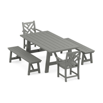 Polywood Chippendale 5-Piece Rustic Farmhouse Dining Set With Benches Set PWS1073-1