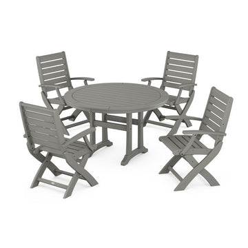 Polywood Signature Folding Chair 5-Piece Round Dining Set with Trestle Legs PWS1130-1