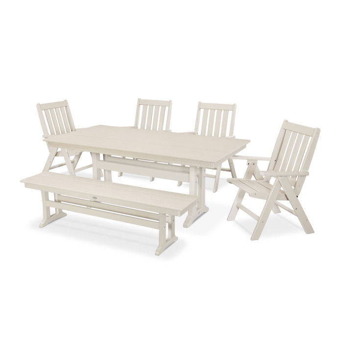 Polywood Vineyard 6-Piece Folding Chair Farmhouse Dining Set with Trestle Legs and Bench PWS422-1