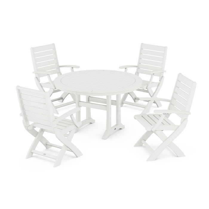 Polywood Signature Folding Chair 5-Piece Round Dining Set with Trestle Legs PWS1130-1