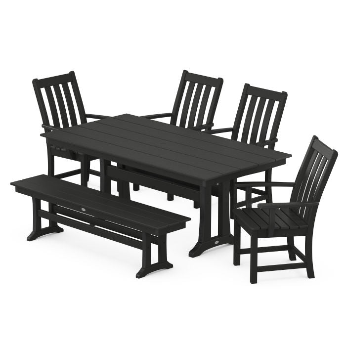 Polywood Vineyard 6-Piece Arm Chair Farmhouse Dining Set with Trestle Legs and Bench PWS740-1